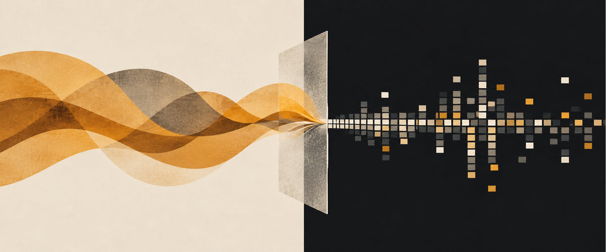 Analog sound waves passing through a pane and emerging as digital signal blocks